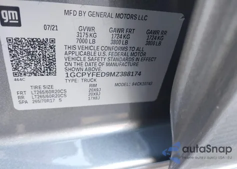 2021 Chevrolet Silverado 1500 4Wd Standard Bed Lt Trail Boss z USA, uszkodzony, nr VIN 1GCPYFED9MZ388174